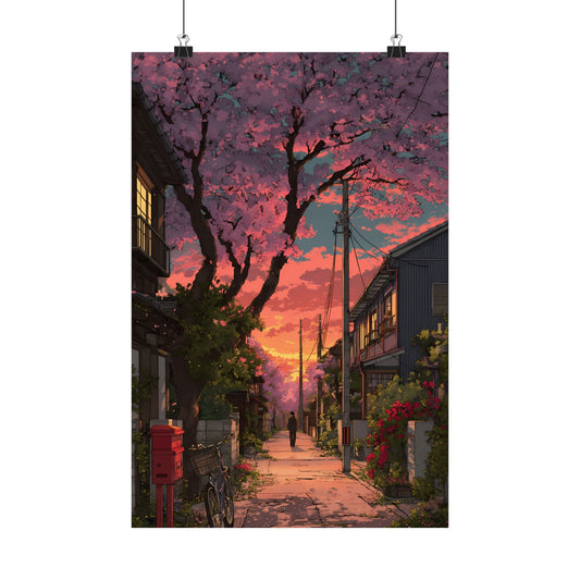 Cherry Blossom Alley Poster — Anime Sakura Sunset Japanese Street Digital Art Vertical Print
