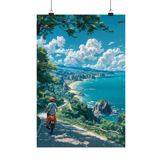 Cliffside Cruiser Poster — Anime Coastal Road Scooter Ocean Panorama Digital Art Vertical Print