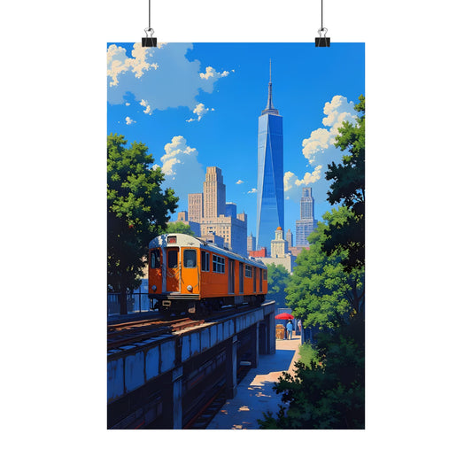 City Rail Summer Poster — Urban Train Skyline Anime New York Vertical Print