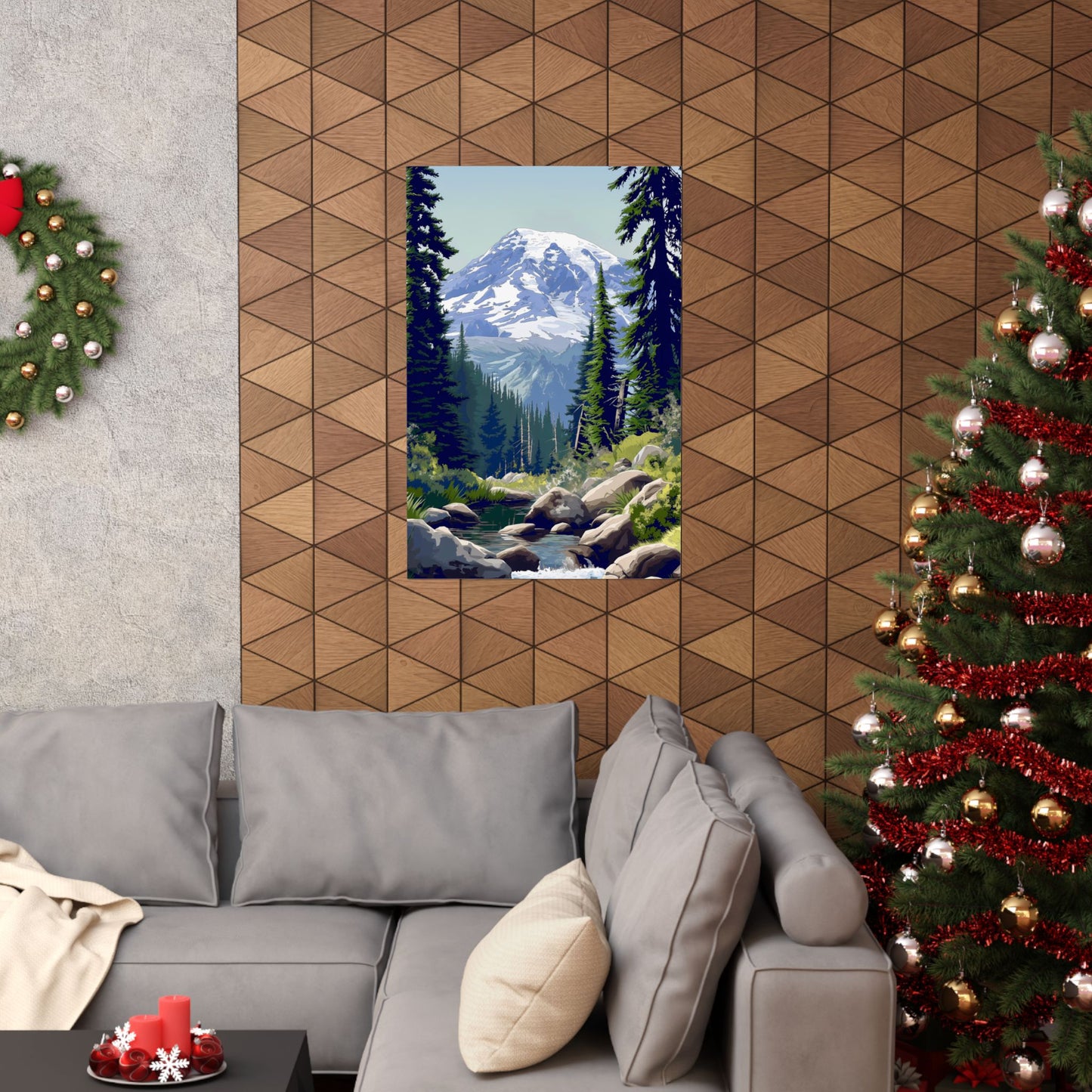 Alpine Stream Beneath the Snow Peak Poster — Mountain Wilderness Digital Art Vertical Print