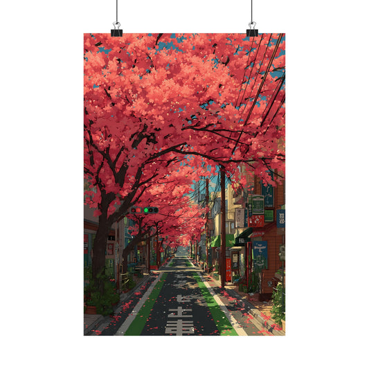 Cherry Blossom Boulevard Poster — Anime Japanese Street Sakura Spring Digital Art Vertical Print