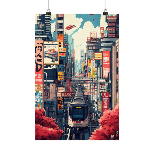 Cherry Blossom Express Poster — Futuristic Tokyo Train Cyberpunk Anime Cityscape Vertical Print