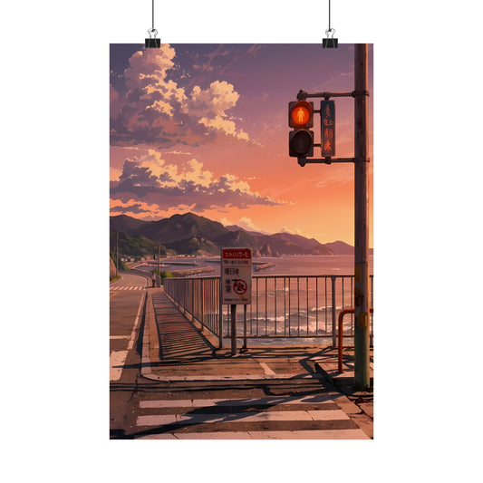 Coastal Crossing Poster — Anime Seaside Sunset Traffic Light Harbor Digital Art Vertical Print
