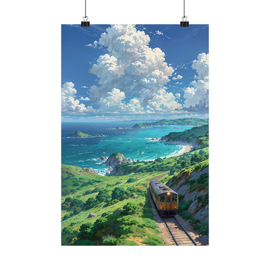 Coastal Express Poster — Seaside Train Journey Anime Summer Landscape Vertical Print