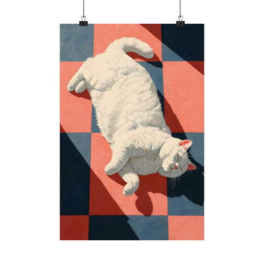 Checkered Nap Poster — Retro White Cat Sunbathing Pop Art Colorful Tiles Digital Art Vertical Print