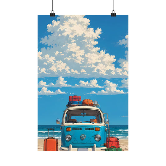 Beach Van Getaway Poster — Anime VW Bus Summer Road Trip Seaside Digital Art Vertical Print