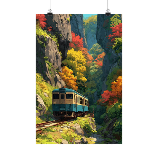 Autumn Gorge Railway Poster — Fall Foliage Train Canyon Anime Nature Vertical Print