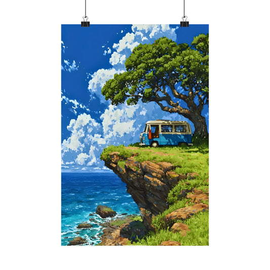 Cliffside Camper Poster — Ocean Bluff Vintage Van Tropical Tree Anime Landscape Vertical Print