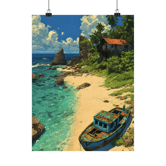 Beached Boat on the Hidden Cove Poster — Anime Tropical Shore Rustic Seaside Vertical Print