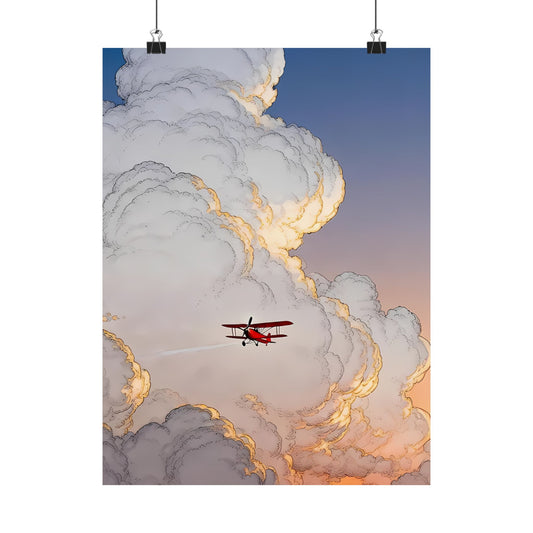 Above the Clouds Poster — Anime Red Biplane Sunset Cumulus Sky Aviation Digital Art Vertical Print