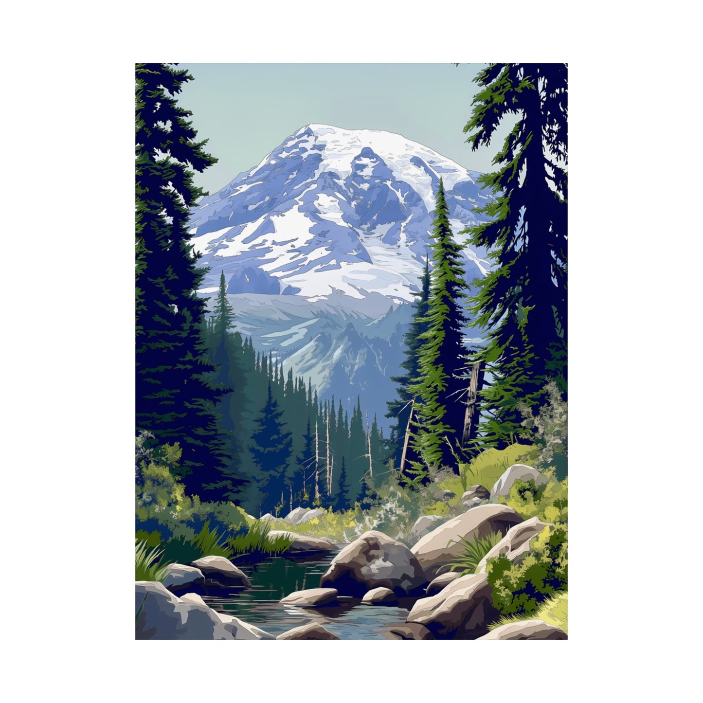Alpine Stream Beneath the Snow Peak Poster — Mountain Wilderness Digital Art Vertical Print