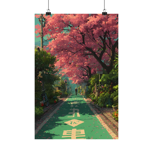 Cherry Blossom Lane Poster — Anime Sakura Street Spring Japan Walkway Vertical Print