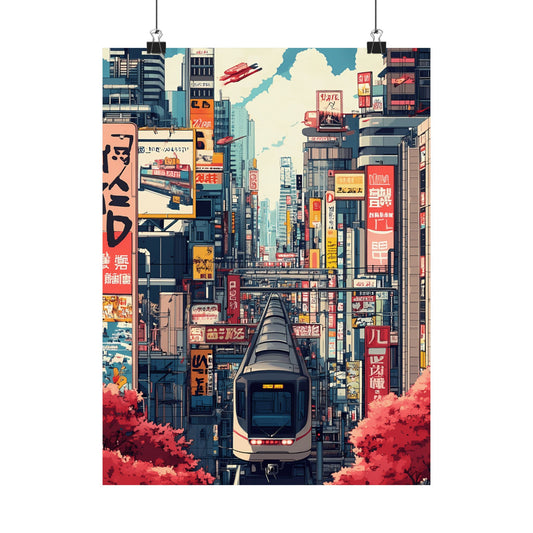 Cherry Blossom Express Poster — Futuristic Tokyo Train Cyberpunk Anime Cityscape Vertical Print