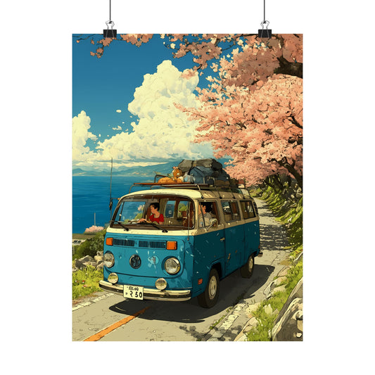 Cherry Blossom Road Trip Poster — Anime VW Van Sakura Coastal Drive Spring Journey Vertical Print