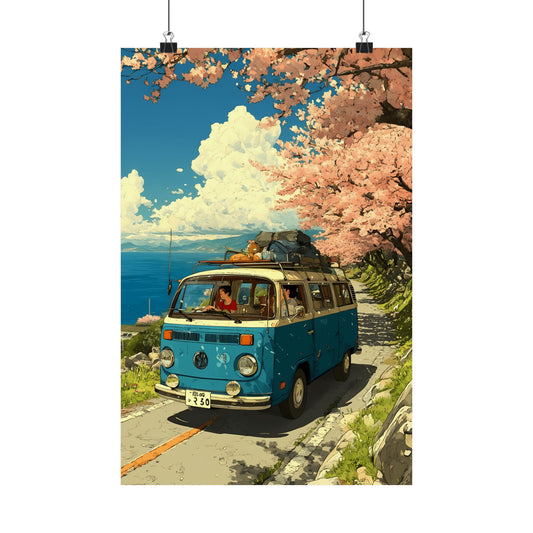 Cherry Blossom Road Trip Poster — Anime VW Van Sakura Coastal Drive Spring Journey Vertical Print