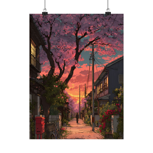 Cherry Blossom Alley Poster — Anime Sakura Sunset Japanese Street Digital Art Vertical Print