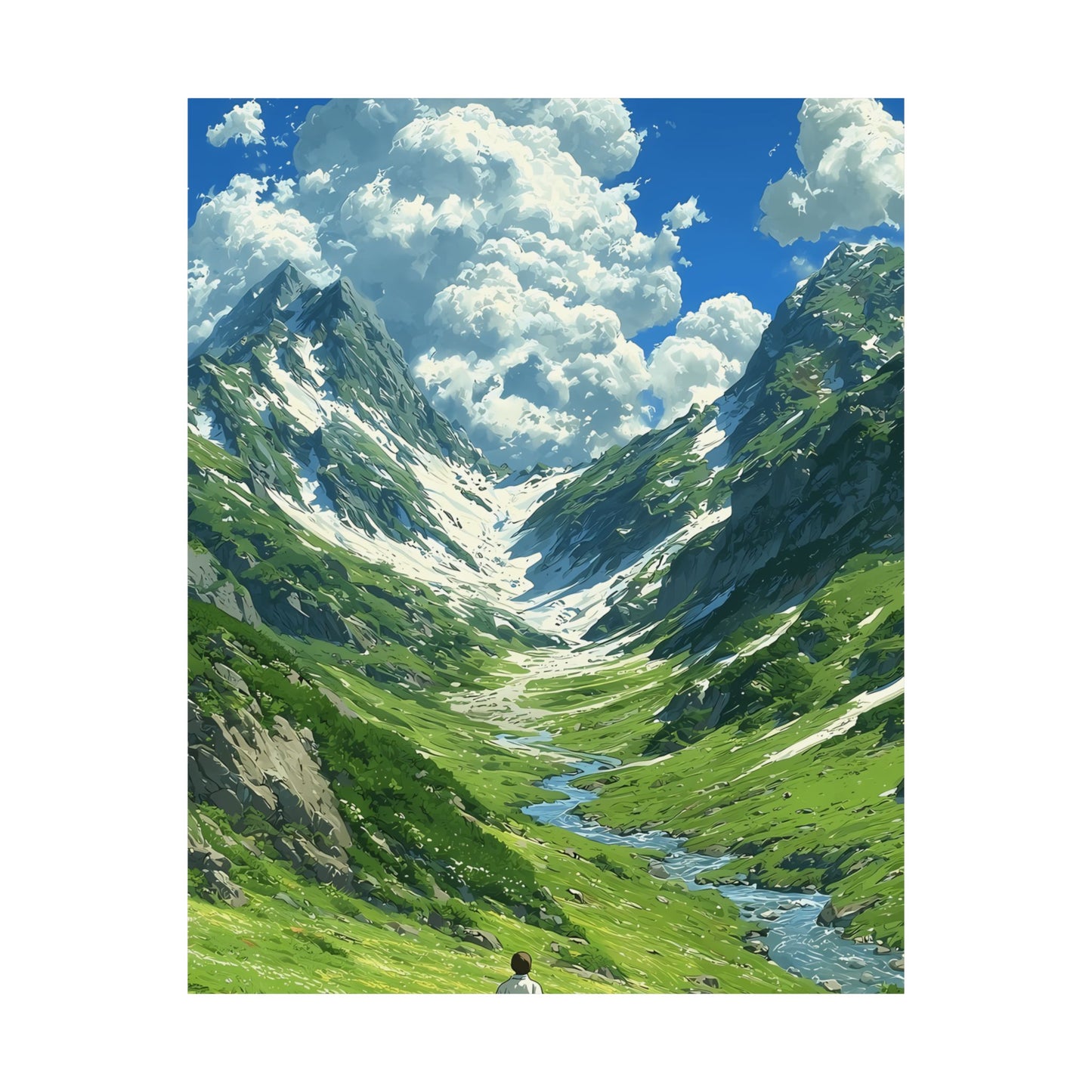 Alpine Journey With a Faithful Companion Poster — Anime Mountain Valley Summer Vertical Print