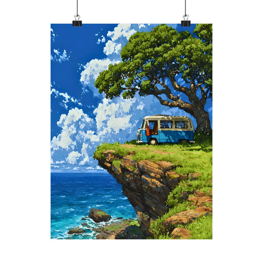 Cliffside Camper Poster — Ocean Bluff Vintage Van Tropical Tree Anime Landscape Vertical Print