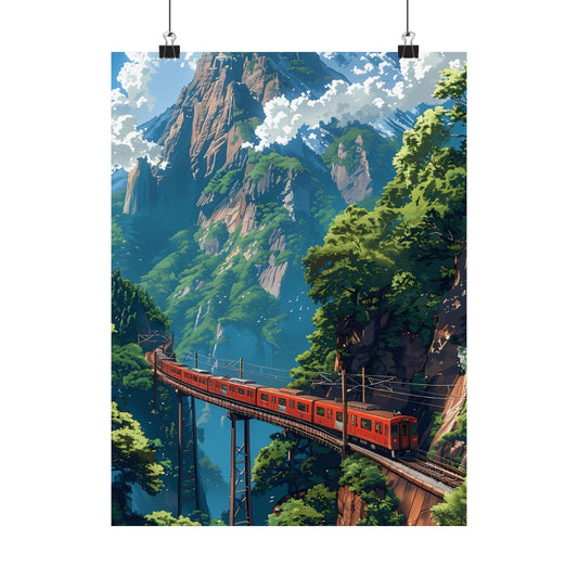 Cliffside Railway Poster — Anime Mountain Train Tropical Gorge Scenic Adventure Vertical Print
