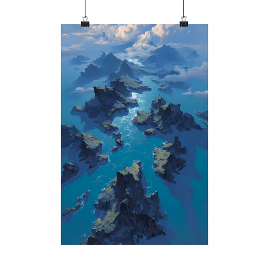 Archipelago of Blue Horizons Poster — Aerial Ocean Islands Digital Painting Vertical Print