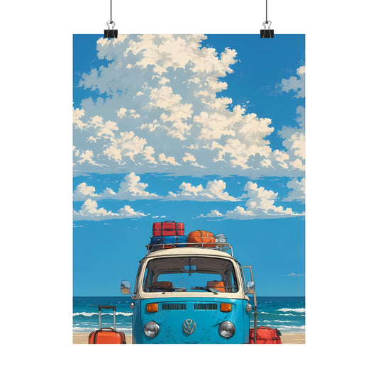 Beach Van Getaway Poster — Anime VW Bus Summer Road Trip Seaside Digital Art Vertical Print