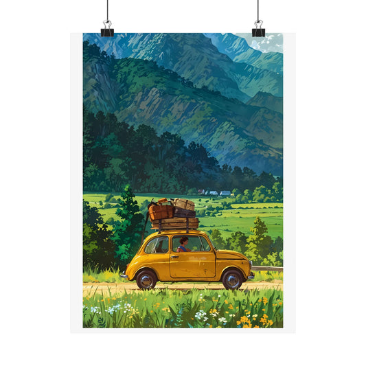 Alpine Getaway Poster — Anime Yellow Car Mountain Meadow Road Trip Digital Art Vertical Print