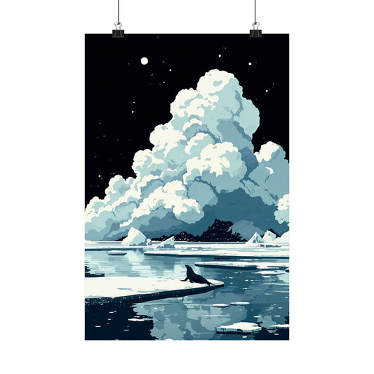 Arctic Midnight Solitude Poster — Icy Ocean Whale Pixel Art Dark Seascape Vertical Print