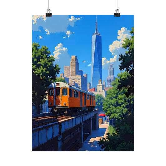 City Rail Summer Poster — Urban Train Skyline Anime New York Vertical Print