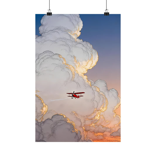 Above the Clouds Poster — Anime Red Biplane Sunset Cumulus Sky Aviation Digital Art Vertical Print