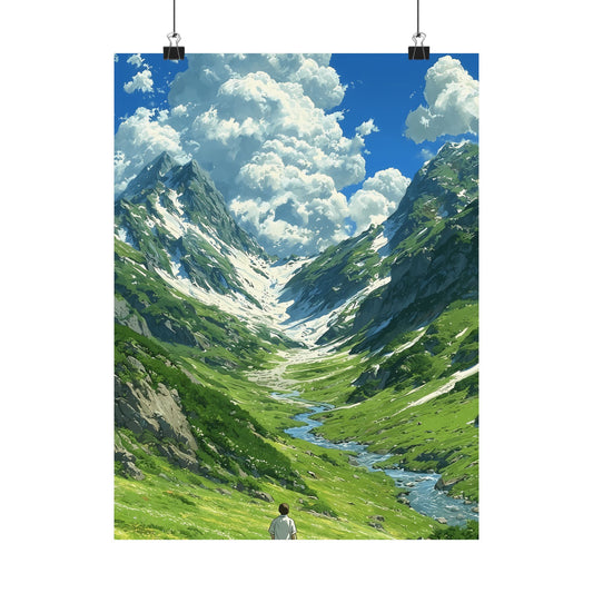 Alpine Journey With a Faithful Companion Poster — Anime Mountain Valley Summer Vertical Print