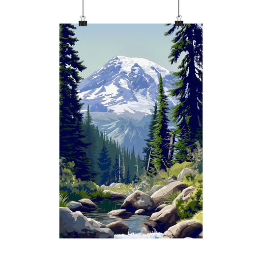 Alpine Stream Beneath the Snow Peak Poster — Mountain Wilderness Digital Art Vertical Print