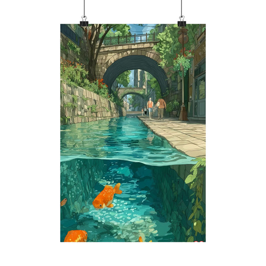 Canal Goldfish Poster — Underwater Split-View Anime Bridge Town Koi Digital Art Vertical Print