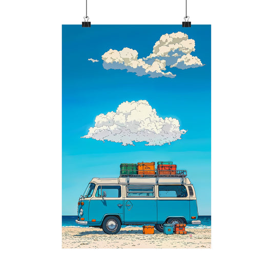 Beach Day Camper Poster — Vintage VW Van Seaside Luggage Summer Anime Illustration Vertical Print