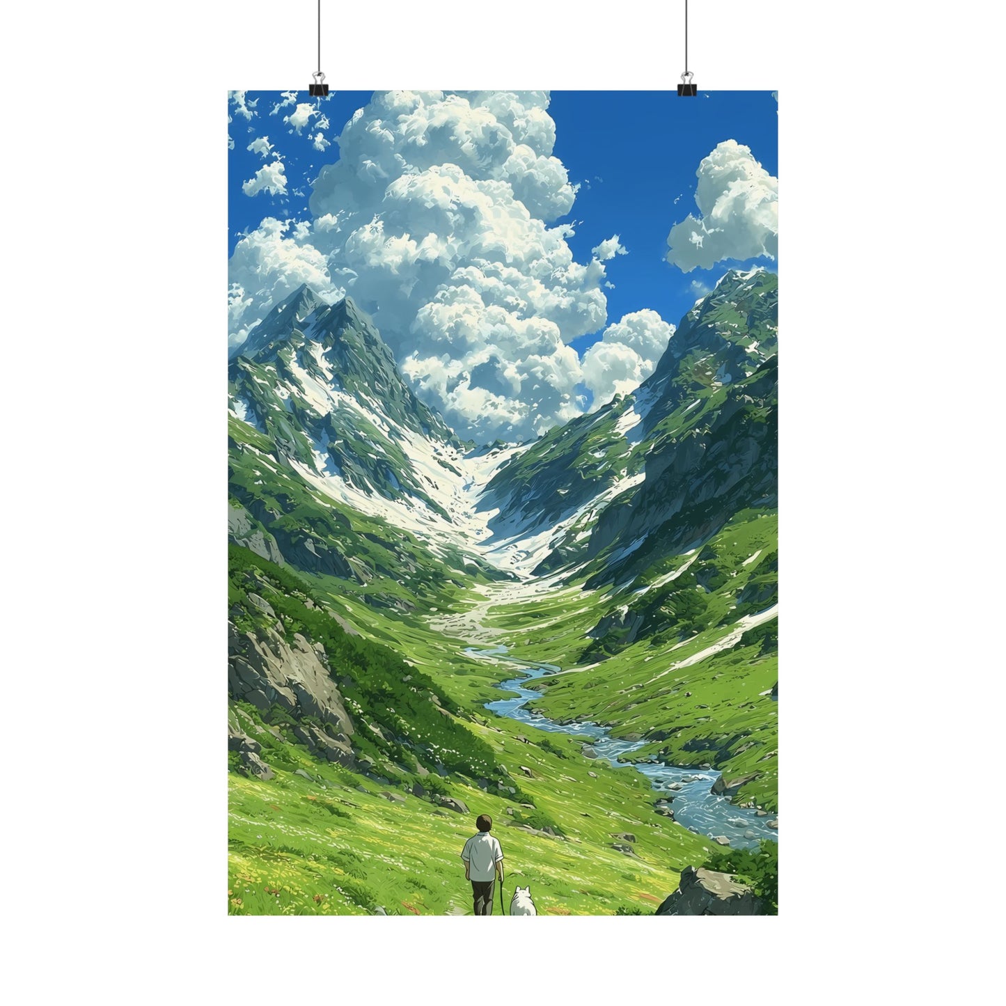 Alpine Journey With a Faithful Companion Poster — Anime Mountain Valley Summer Vertical Print