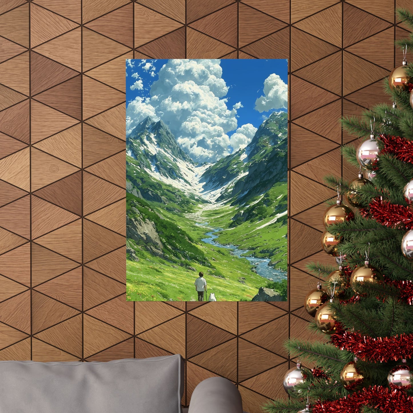 Alpine Journey With a Faithful Companion Poster — Anime Mountain Valley Summer Vertical Print