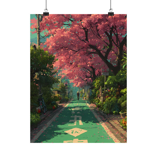 Cherry Blossom Lane Poster — Anime Sakura Street Spring Japan Walkway Vertical Print