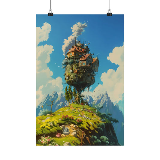 Castle in the Sky Hilltop Haven Poster — Ghibli-Style Fantasy Landscape Anime Vertical Print