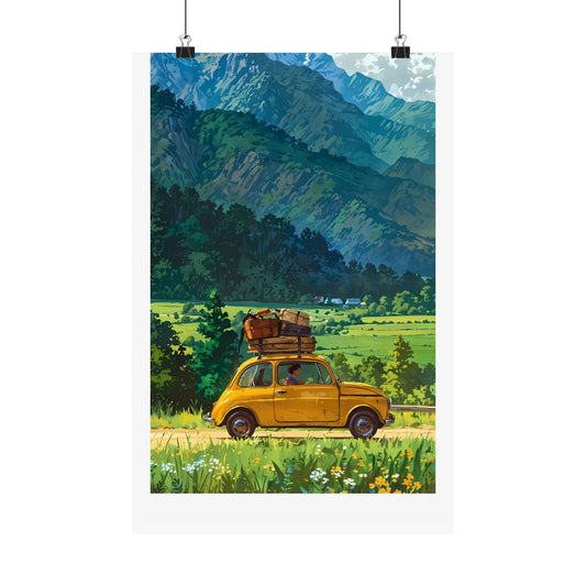 Alpine Getaway Poster — Anime Yellow Car Mountain Meadow Road Trip Digital Art Vertical Print