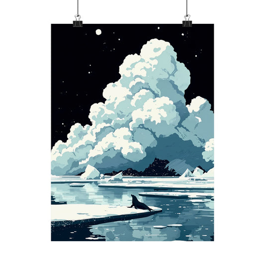 Arctic Midnight Solitude Poster — Icy Ocean Whale Pixel Art Dark Seascape Vertical Print