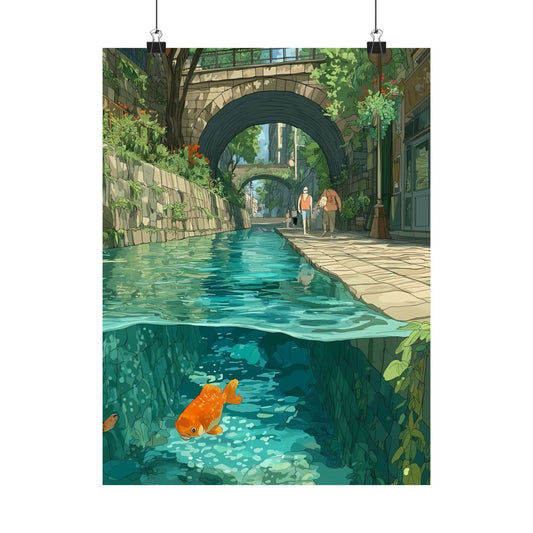 Canal Goldfish Poster — Underwater Split-View Anime Bridge Town Koi Digital Art Vertical Print