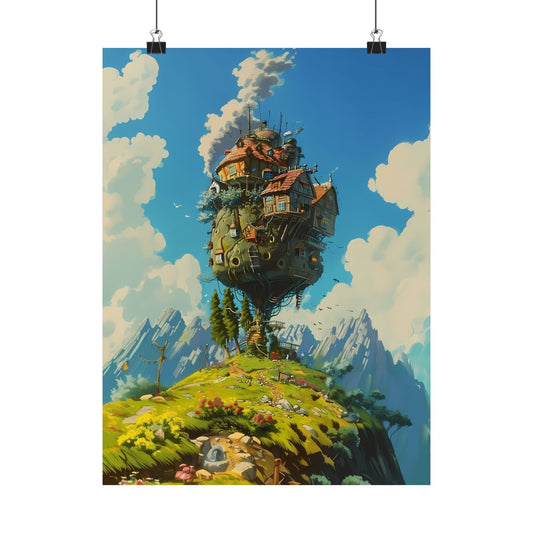 Castle in the Sky Hilltop Haven Poster — Ghibli-Style Fantasy Landscape Anime Vertical Print