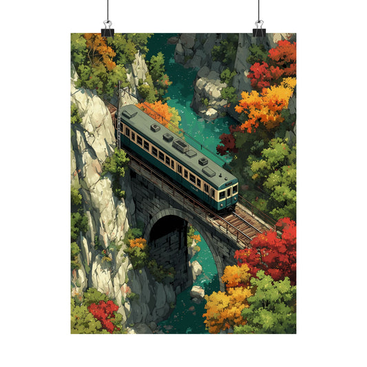 Autumn Bridge Crossing Poster — Anime Train Over River Fall Foliage Aerial View Digital Art Vertical Print