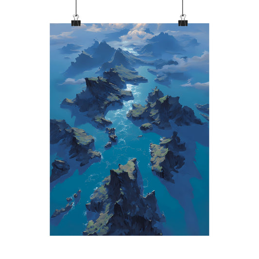 Archipelago of Blue Horizons Poster — Aerial Ocean Islands Digital Painting Vertical Print