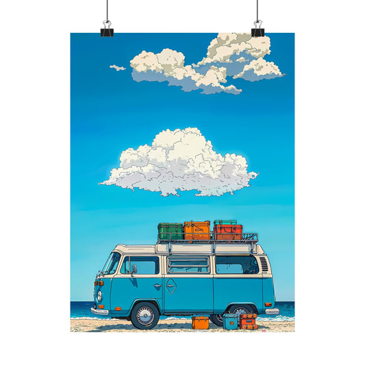 Beach Day Camper Poster — Vintage VW Van Seaside Luggage Summer Anime Illustration Vertical Print