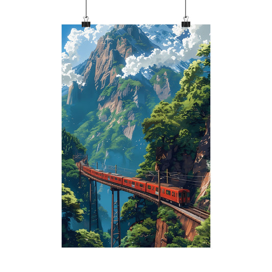 Mountain Bridge Express Poster — Anime Red Train Alpine Gorge Lush Forest Digital Art Vertical Print