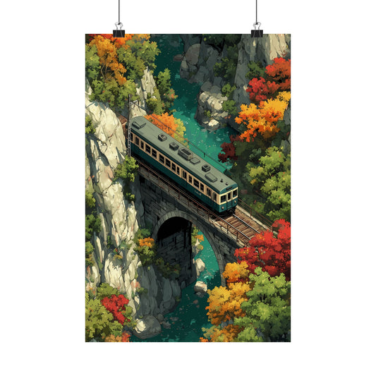 Autumn Bridge Crossing Poster — Anime Train Over River Fall Foliage Aerial View Digital Art Vertical Print