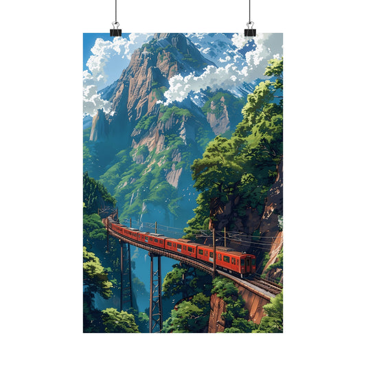 Cliffside Railway Poster — Anime Mountain Train Tropical Gorge Scenic Adventure Vertical Print