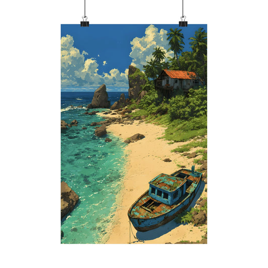 Beached Boat on the Hidden Cove Poster — Anime Tropical Shore Rustic Seaside Vertical Print