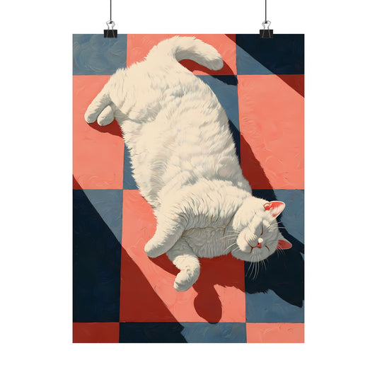 Checkered Nap Poster — Retro White Cat Sunbathing Pop Art Colorful Tiles Digital Art Vertical Print