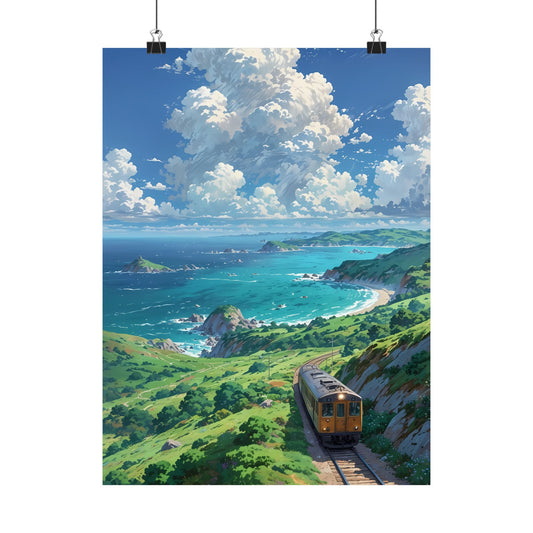 Coastal Express Poster — Seaside Train Journey Anime Summer Landscape Vertical Print